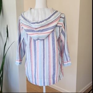 LL Bean Hoodie 100% Linen Striped Nautical 3/4 Sleeve Size Small